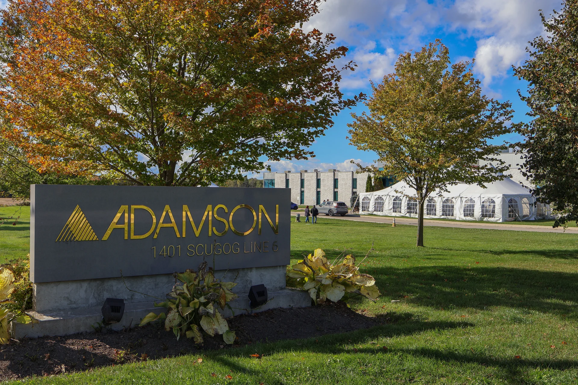Adamson Company sign in front of main production facility in Port Perry Ontario